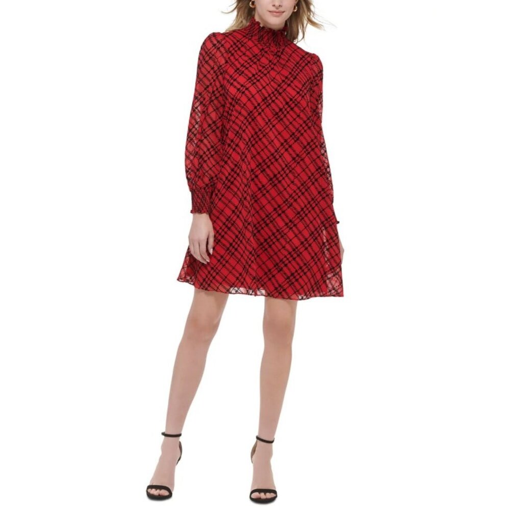 TOMMY HILFIGER Red & Black Plaid Smocked‑Neck Long‑Sleeve Dress Fully Lined 16